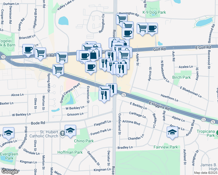 map of restaurants, bars, coffee shops, grocery stores, and more near 32 West Higgins Road in Hoffman Estates