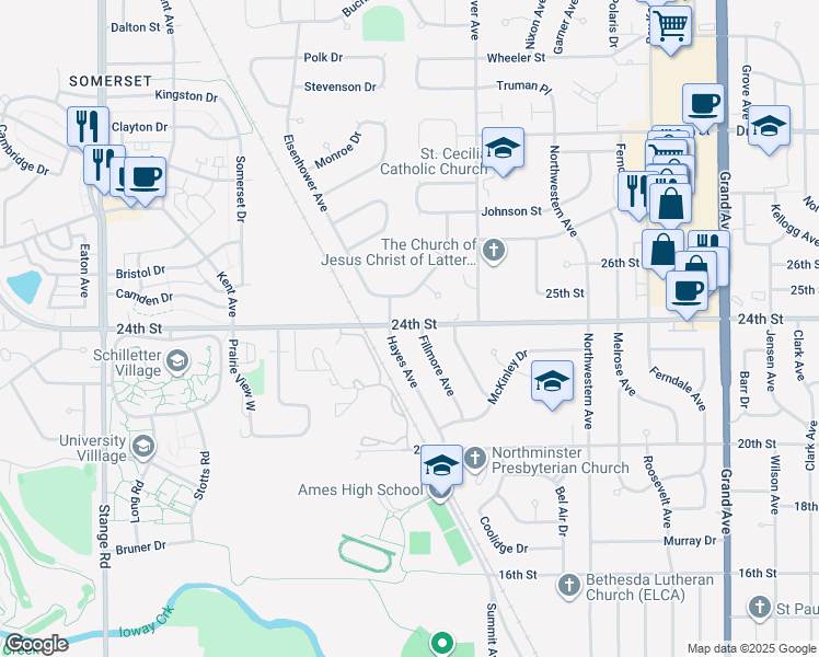 map of restaurants, bars, coffee shops, grocery stores, and more near 1798 24th Street in Ames