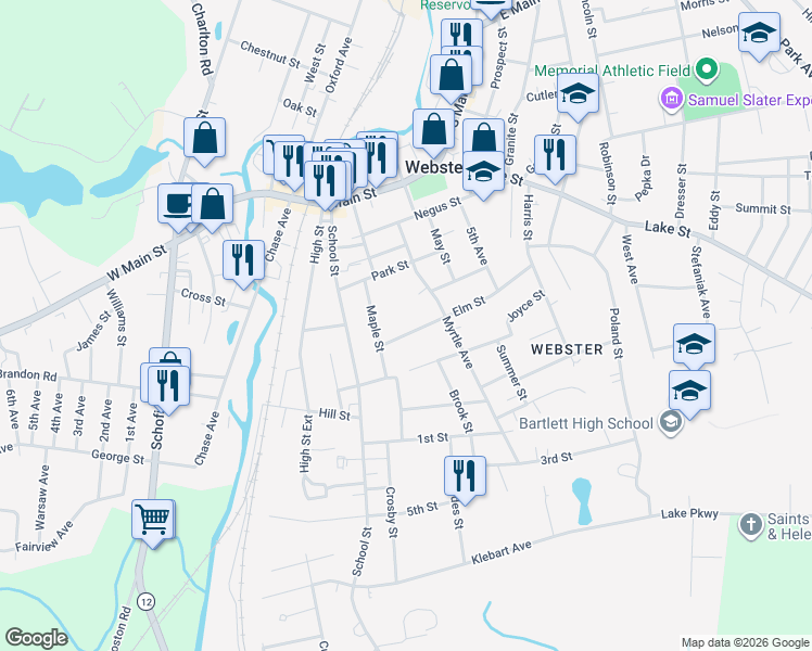 map of restaurants, bars, coffee shops, grocery stores, and more near 6 Elm Street in Webster
