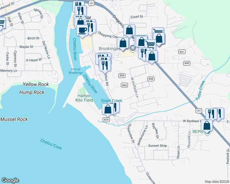 map of restaurants, bars, coffee shops, grocery stores, and more near 16123 Lower Harbor Road in Brookings