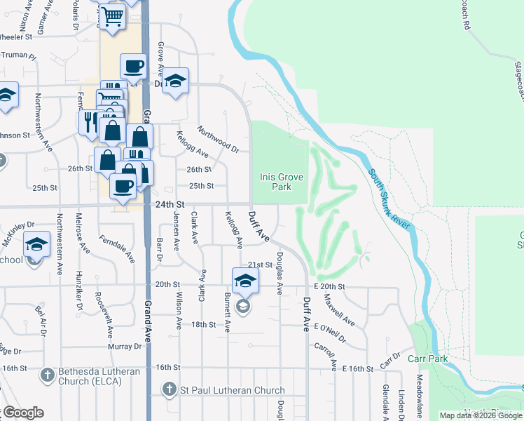 map of restaurants, bars, coffee shops, grocery stores, and more near 2222 Duff Avenue in Ames