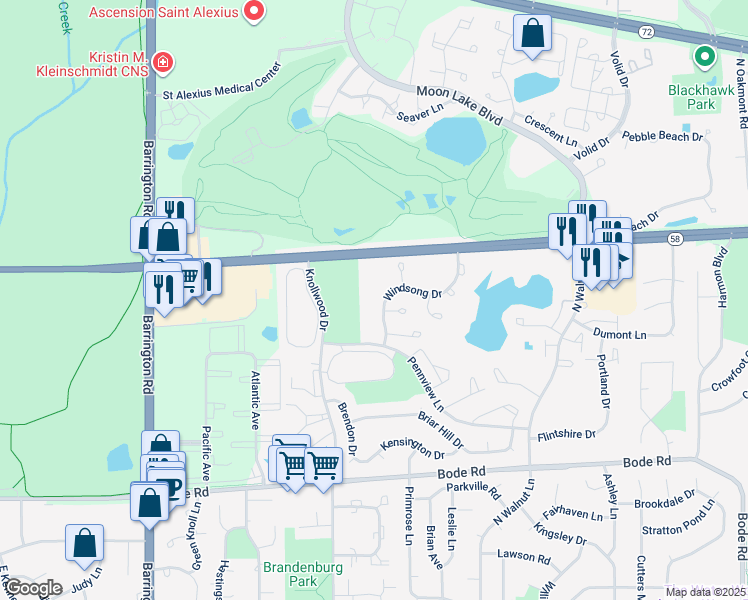 map of restaurants, bars, coffee shops, grocery stores, and more near 1900 Windsong Drive in Schaumburg