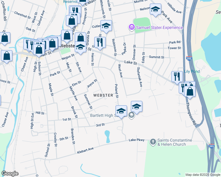 map of restaurants, bars, coffee shops, grocery stores, and more near 29 Linwood Street in Webster