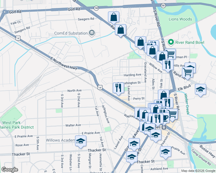 map of restaurants, bars, coffee shops, grocery stores, and more near 430 Western Avenue in Des Plaines