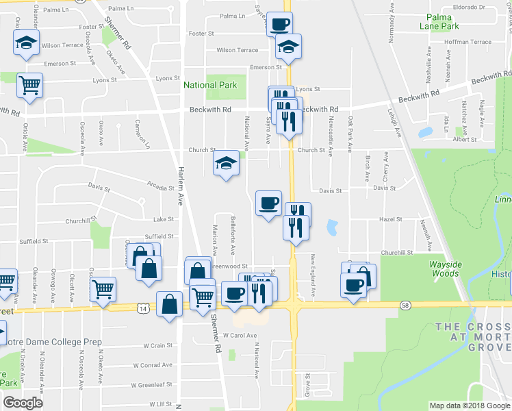 map of restaurants, bars, coffee shops, grocery stores, and more near 9031 National Avenue in Morton Grove