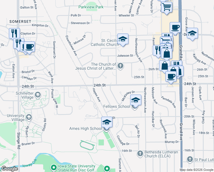 map of restaurants, bars, coffee shops, grocery stores, and more near 2313 Van Buren Avenue in Ames