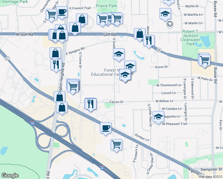 map of restaurants, bars, coffee shops, grocery stores, and more near 2206 South Goebbert Road in Arlington Heights