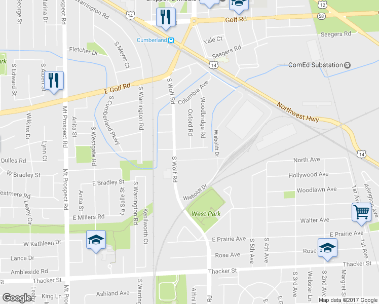 map of restaurants, bars, coffee shops, grocery stores, and more near 529 East Washington Street in Des Plaines