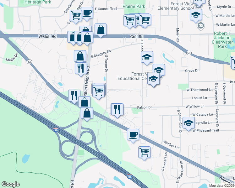 map of restaurants, bars, coffee shops, grocery stores, and more near 2214 South Goebbert Road in Arlington Heights
