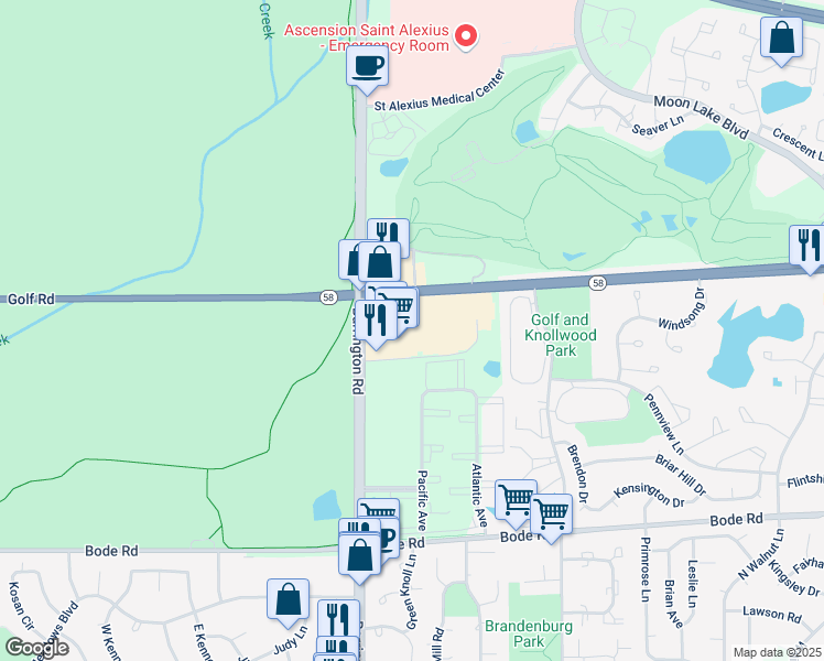 map of restaurants, bars, coffee shops, grocery stores, and more near 2555 West Golf Road in Hoffman Estates