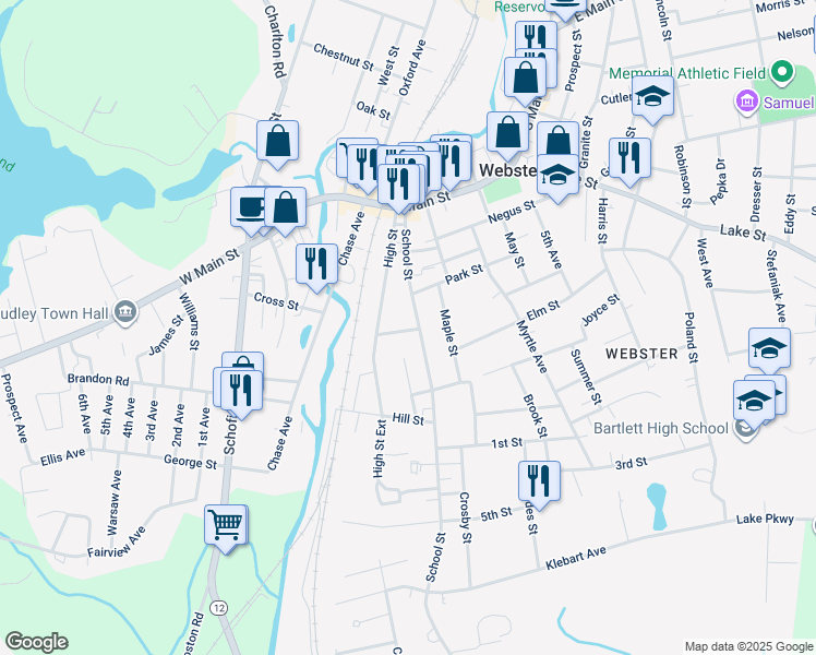 map of restaurants, bars, coffee shops, grocery stores, and more near 11 Crown Street in Webster