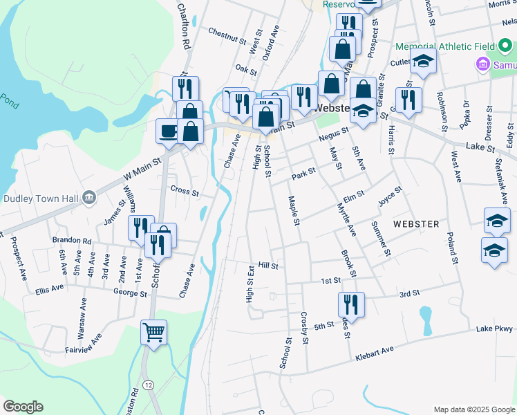 map of restaurants, bars, coffee shops, grocery stores, and more near 11 Crown Street in Webster