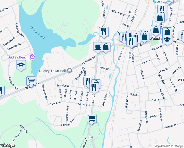 map of restaurants, bars, coffee shops, grocery stores, and more near 15 Williams Street in Dudley