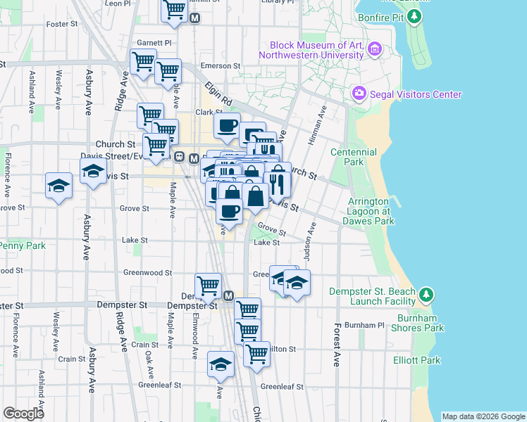map of restaurants, bars, coffee shops, grocery stores, and more near 525 Grove Street in Evanston
