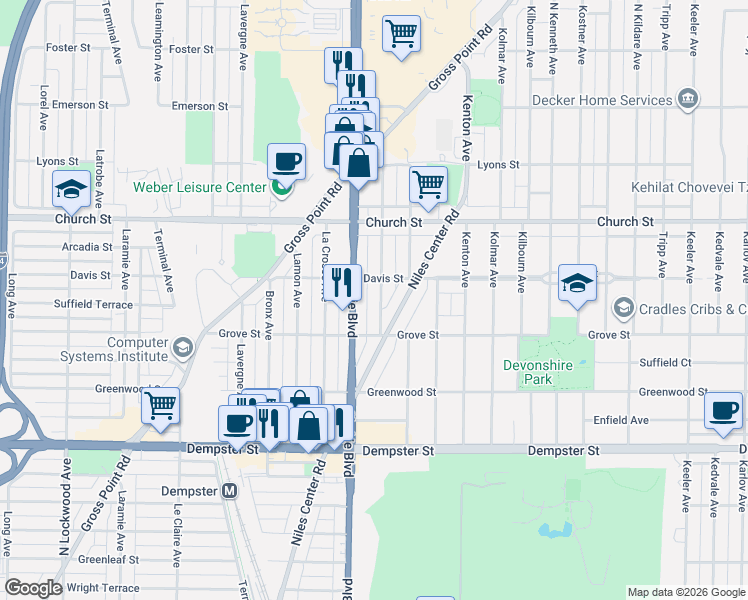 map of restaurants, bars, coffee shops, grocery stores, and more near 9017 Keating Avenue in Skokie