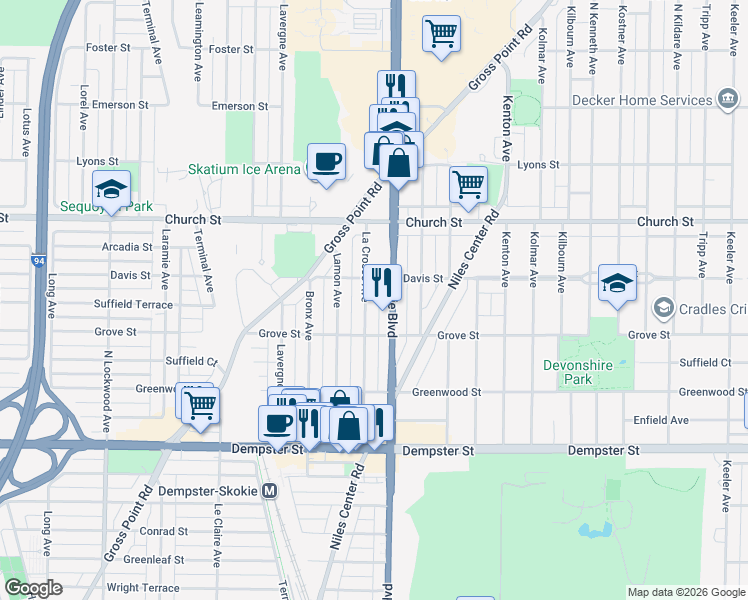 map of restaurants, bars, coffee shops, grocery stores, and more near 9016 La Crosse Avenue in Skokie