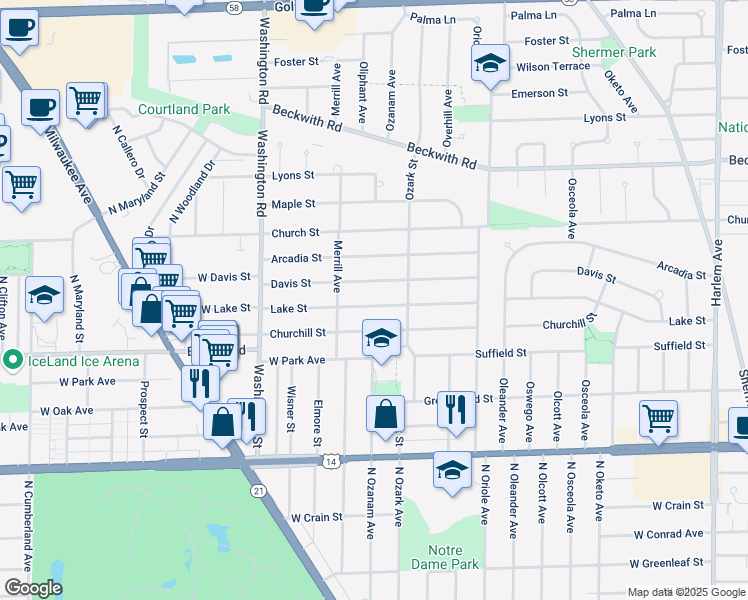 map of restaurants, bars, coffee shops, grocery stores, and more near 7745 Lake Street in Morton Grove