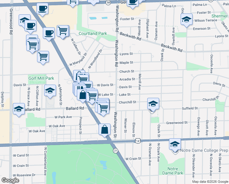 map of restaurants, bars, coffee shops, grocery stores, and more near 8013 West Lake Street in Niles