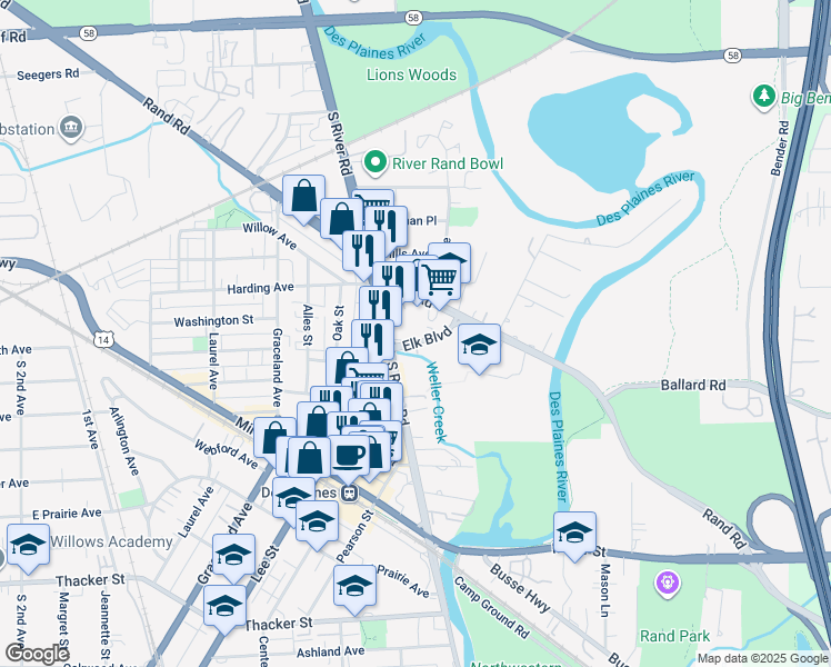 map of restaurants, bars, coffee shops, grocery stores, and more near 1651 Elk Boulevard in Des Plaines
