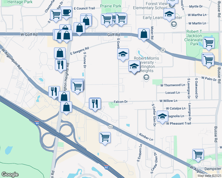 map of restaurants, bars, coffee shops, grocery stores, and more near 2230 South Goebbert Road in Arlington Heights