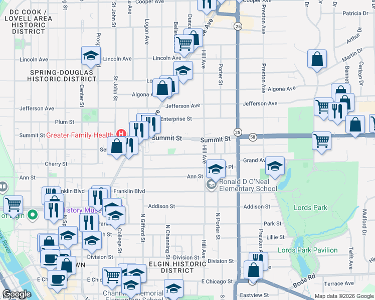 map of restaurants, bars, coffee shops, grocery stores, and more near 475 Fremont Street in Elgin