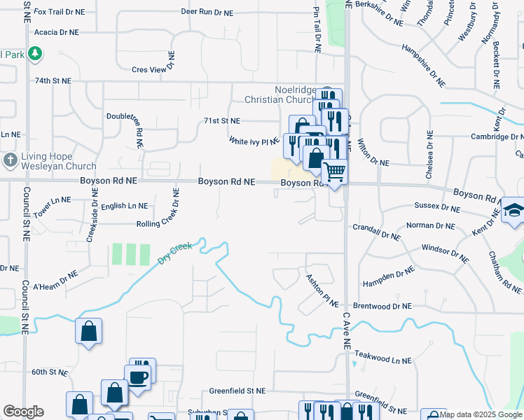 map of restaurants, bars, coffee shops, grocery stores, and more near 605 Boyson Rd NE in Cedar Rapids