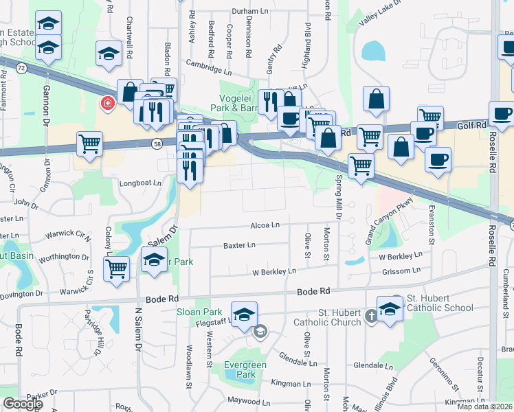 map of restaurants, bars, coffee shops, grocery stores, and more near 610 Mesa Drive in Hoffman Estates