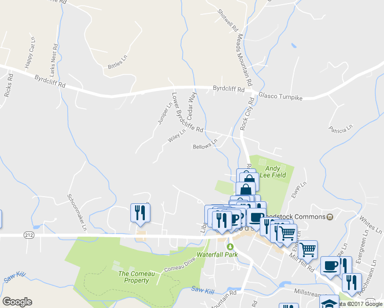 map of restaurants, bars, coffee shops, grocery stores, and more near 23 Bellows Lane in Woodstock