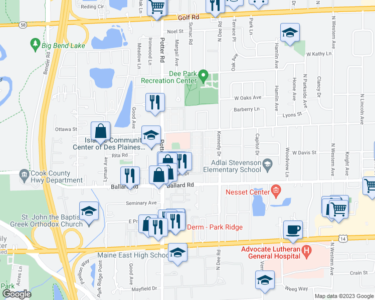 map of restaurants, bars, coffee shops, grocery stores, and more near Stevenson Drive in Des Plaines