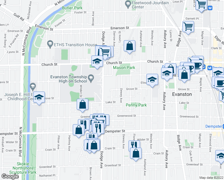 map of restaurants, bars, coffee shops, grocery stores, and more near Grove Street in Evanston