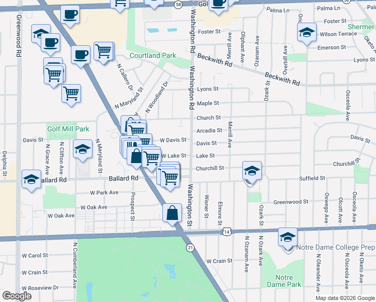 map of restaurants, bars, coffee shops, grocery stores, and more near 8013 West Lake Street in Niles