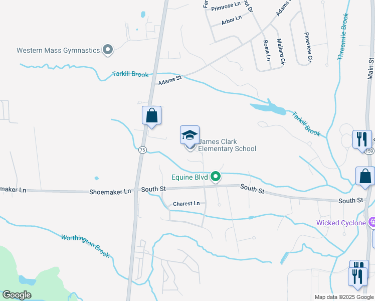 map of restaurants, bars, coffee shops, grocery stores, and more near 65 Oxford Street in Agawam