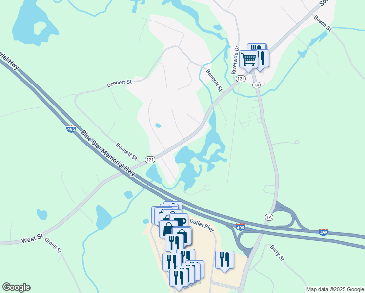 map of restaurants, bars, coffee shops, grocery stores, and more near 223 West Street in Wrentham