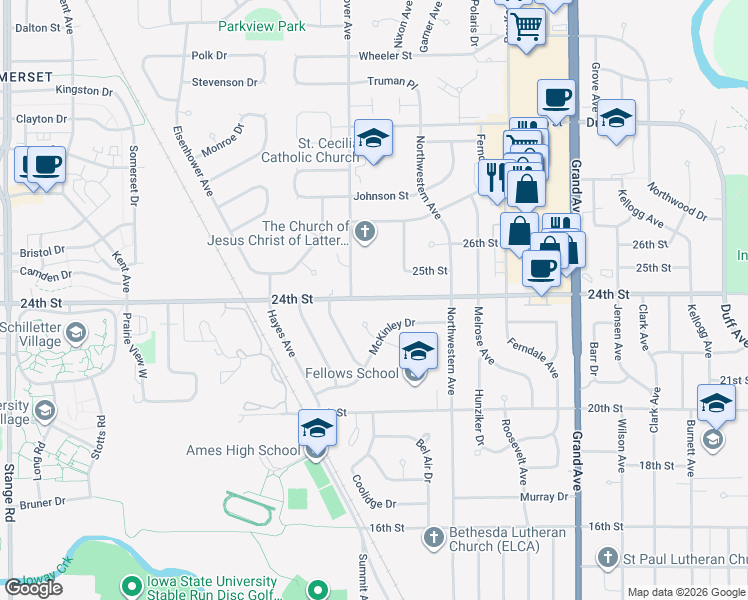 map of restaurants, bars, coffee shops, grocery stores, and more near 1255 McKinley Drive in Ames