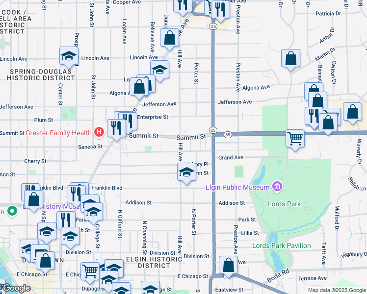 map of restaurants, bars, coffee shops, grocery stores, and more near 457 Hill Avenue in Elgin