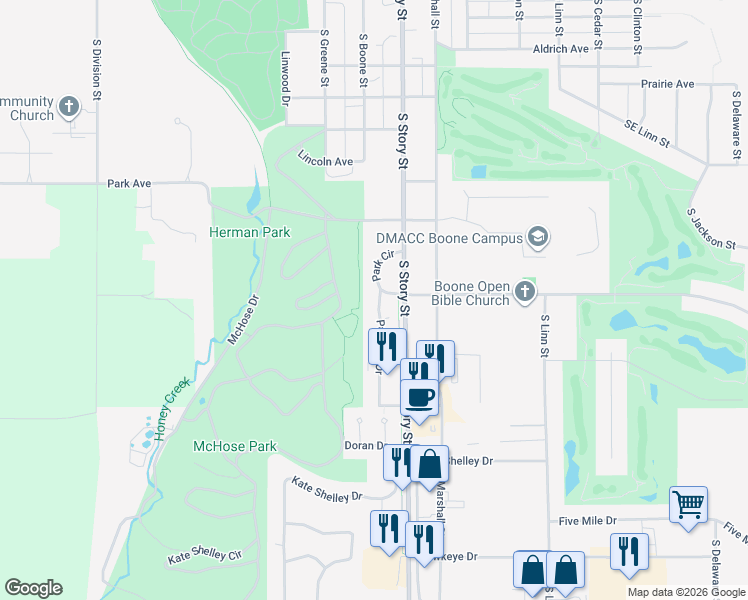 map of restaurants, bars, coffee shops, grocery stores, and more near 1003 Parkway Drive in Boone