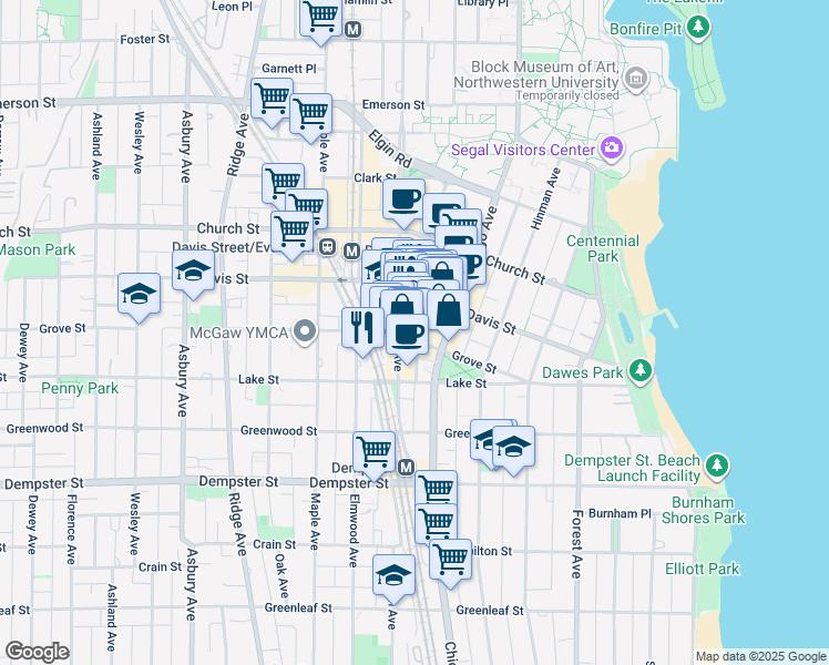 map of restaurants, bars, coffee shops, grocery stores, and more near 617 Grove Street in Evanston