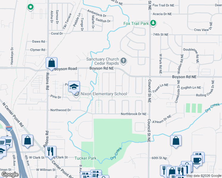 map of restaurants, bars, coffee shops, grocery stores, and more near 6600 Boxwood Lane Northeast in Cedar Rapids