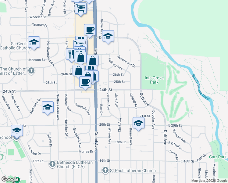 map of restaurants, bars, coffee shops, grocery stores, and more near 2303 Clark Avenue in Ames