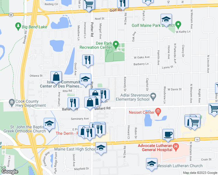 map of restaurants, bars, coffee shops, grocery stores, and more near Congress Drive in Des Plaines