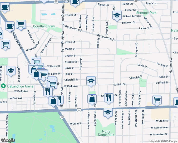 map of restaurants, bars, coffee shops, grocery stores, and more near 7745 Lake Street in Morton Grove
