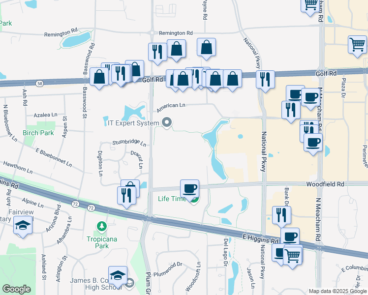 map of restaurants, bars, coffee shops, grocery stores, and more near 915 North Plum Grove Road in Schaumburg
