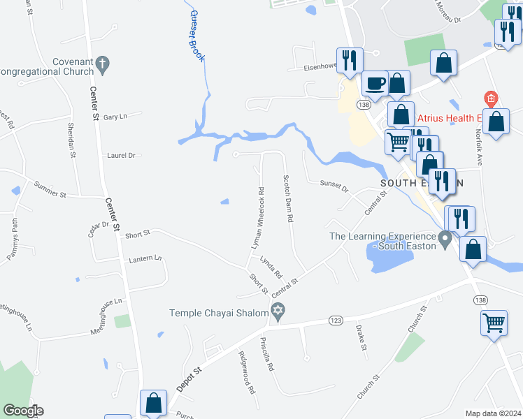 map of restaurants, bars, coffee shops, grocery stores, and more near 14 Lyman Wheelock Road in Easton