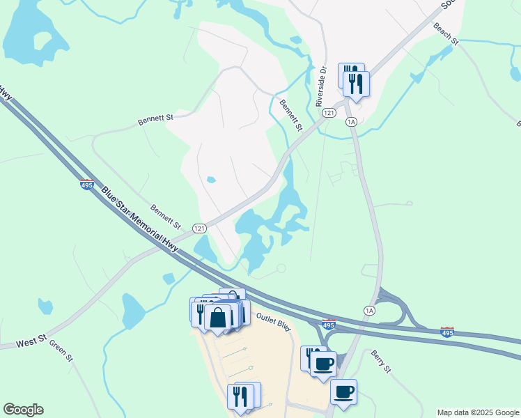 map of restaurants, bars, coffee shops, grocery stores, and more near 223-225 West Street in Wrentham