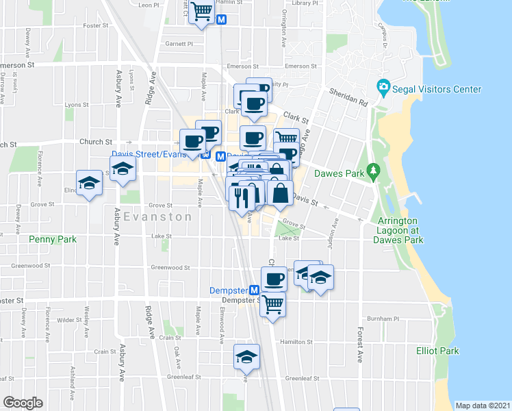 map of restaurants, bars, coffee shops, grocery stores, and more near 1551 Sherman Avenue in Evanston