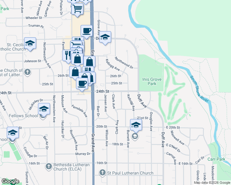 map of restaurants, bars, coffee shops, grocery stores, and more near 2303 Clark Avenue in Ames