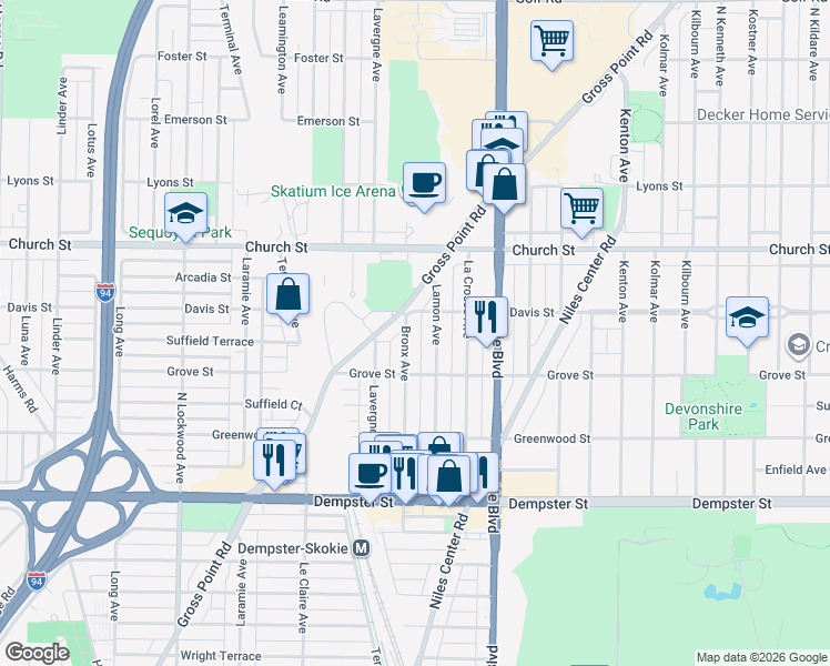map of restaurants, bars, coffee shops, grocery stores, and more near 9041 Bronx Avenue in Skokie