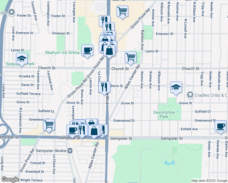 map of restaurants, bars, coffee shops, grocery stores, and more near 9017 Keating Avenue in Skokie