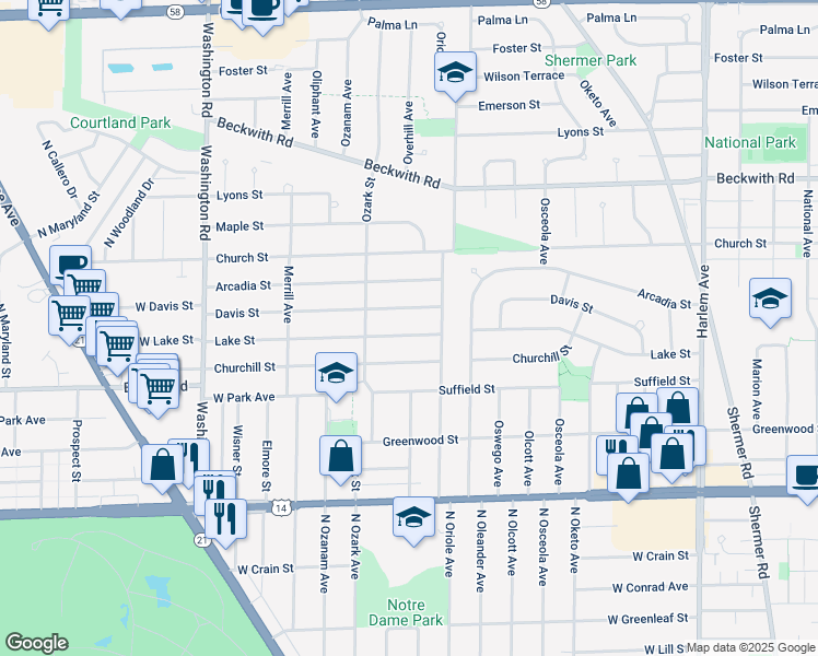 map of restaurants, bars, coffee shops, grocery stores, and more near 7639 Lake Street in Morton Grove