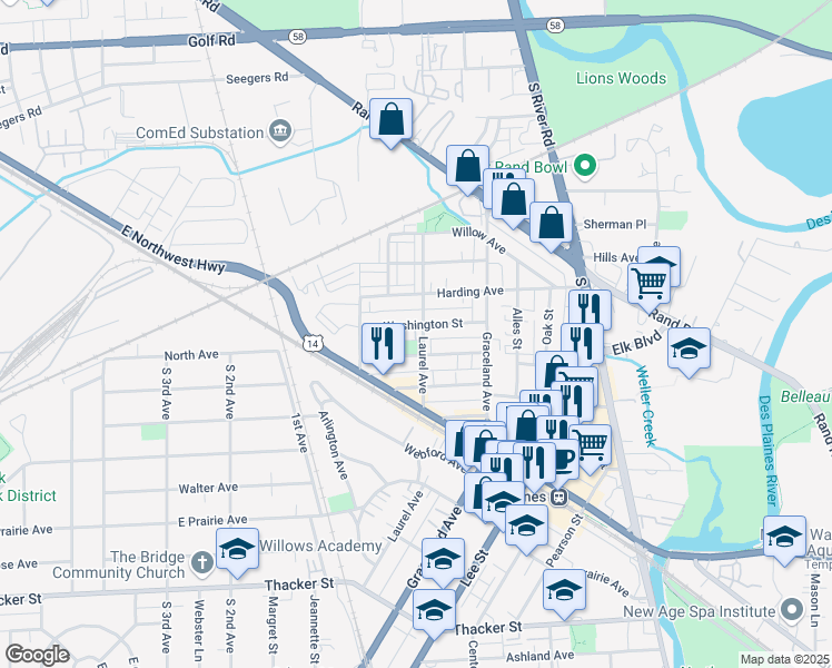 map of restaurants, bars, coffee shops, grocery stores, and more near 1264 Brown Street in Des Plaines